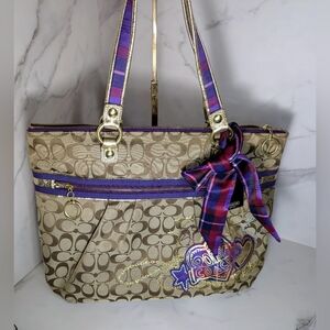 Coach Signature Canvas Tote with Purple Trim and Bow